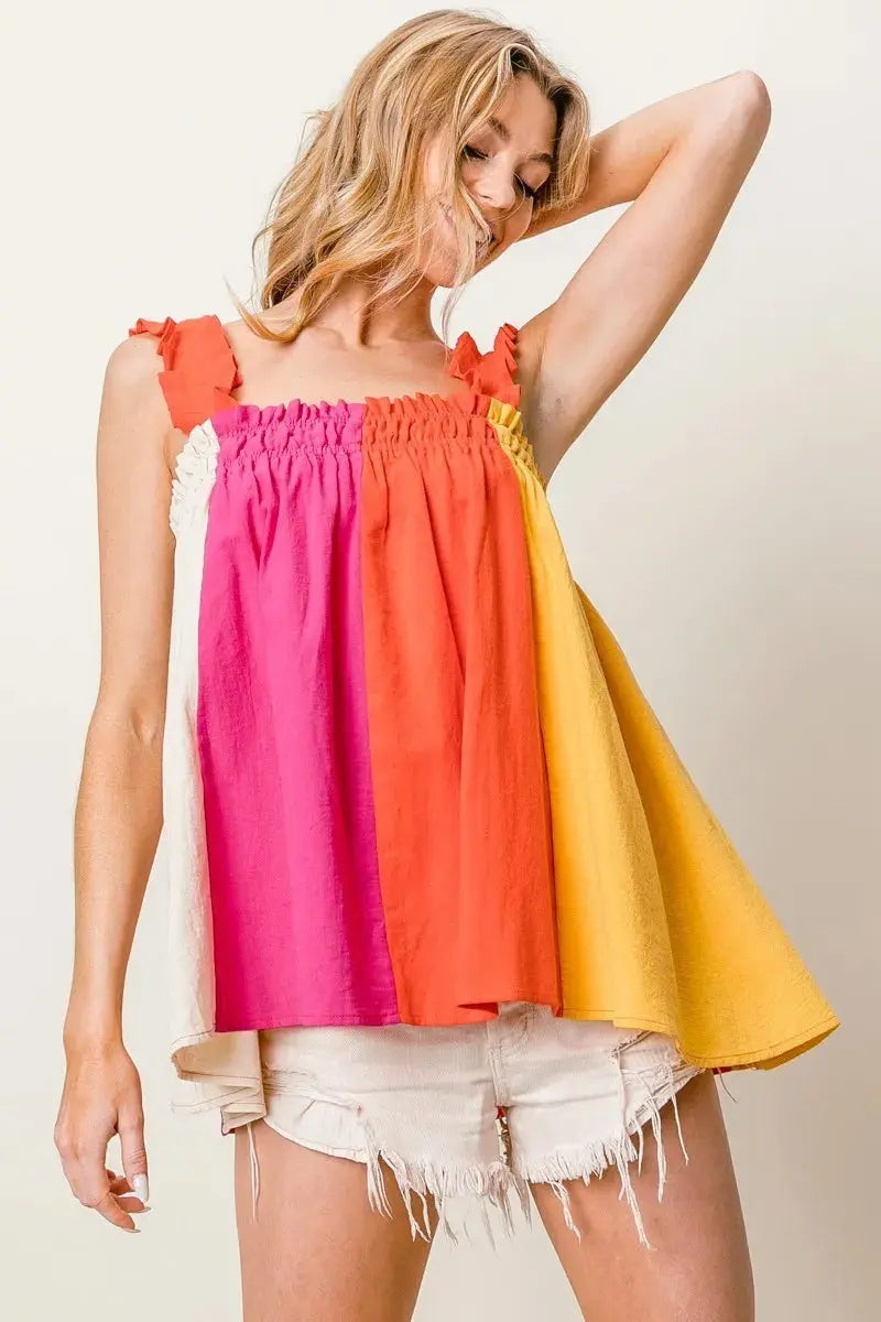 BiBi Frill Shoulder Strap Color Block Bodice Top - Love Salve